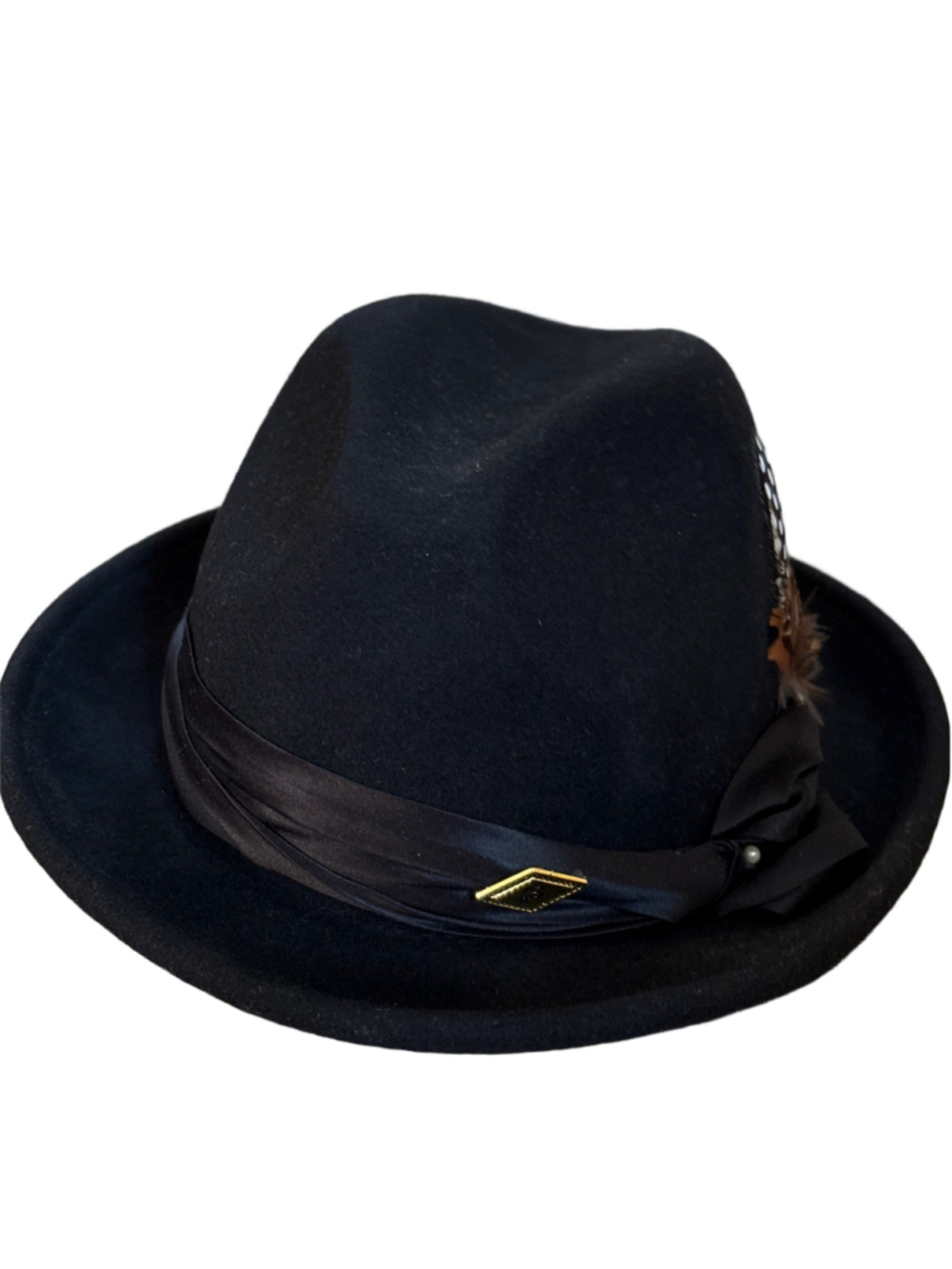 Men's Stacy Adams Black Felt Fedora Hat One Size with Gold Accent Feather